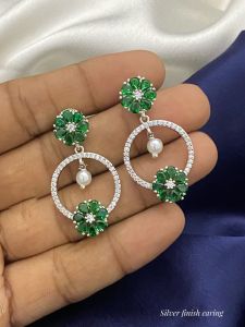 Cz Stone Silver Finish Dangler Earrings, Emerald Green