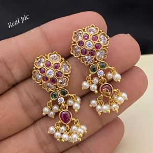 Matt Gold Cz Stone Flower Earrings With Pearl Loreals Multicolour