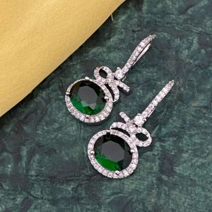 Cz Stone Hook Earrings, Dark Green