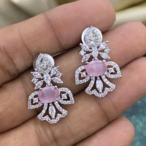 Cz Stone Silver Finish Earrings, Light Pink