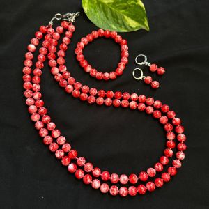 2 Layer Printed Glass Beads Necklace With Earrings And Bracelet, Red