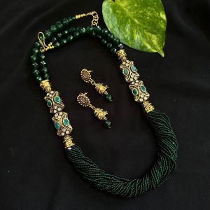 Seed Beads Necklace With Victorian Beads And Agates, Dark Green