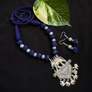 Royal Blue Cotton Thread Beads Necklace With Oxidised Silver Bahubali Pendant