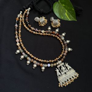 2 Layer Onyx Necklace With Kohlapuri Charms 