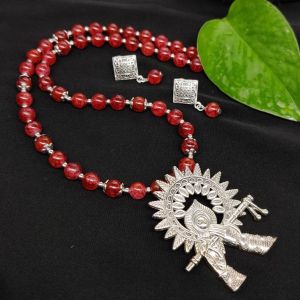 Printed Glass Beads Necklace With Krishna Flute Pendant