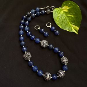 Onyx Beads Necklace With German Silver Spacers, Blue