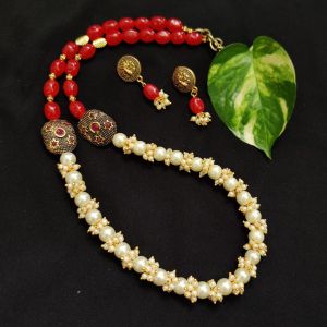 Glass Pearl And Red Oval Glass Beads Necklace With Victorian Beads