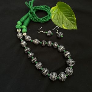 German Silver Necklace With Green Cotton Dori