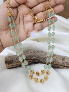 2 Layer Quartz Necklace With Antique Gold Beads, Pastel Green