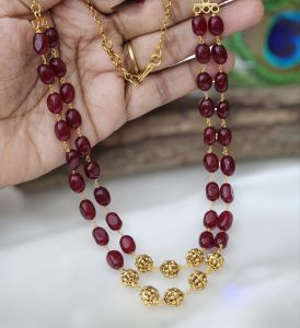 2 Layer Quartz Necklace With Antique Gold Beads, Maroon