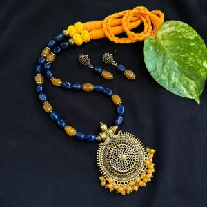 Natural Quartz Beads Necklace With Oxidised Gold Pendant, Dark Blue