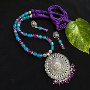 Natural Quartz Beads Necklace With Oxidised Silver Pendant, Peacock Blue And Violet