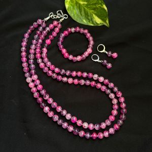 2 Layer Printed Glass Beads Necklace With Earrings And Bracelet, Pink With Purple