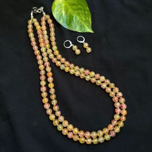 Printed Glass Bead Necklace In 2 Layers With Earrings, Greenish Yellow With Red