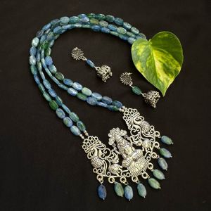 2 Layer Flat Oval Glass Beads Necklace With Lakshmi Pendant , Light Blue And Green