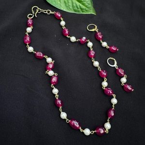 Natural Quartz Beads And Shell Pearl Necklace, Pinkish Maroon