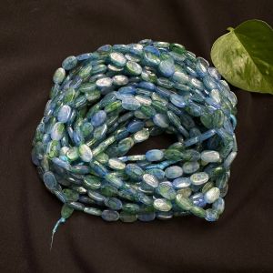 Printed Oval Glass Beads, Light Blue And Green