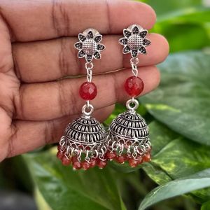 German Silver jhumkas With Flower Stud, Brick Orange