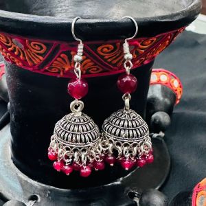 German Silver Jhumkas With Ruby Pink Beads