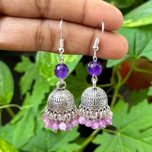 German Silver Jhumkas With Semi Precious Beads, Lavender