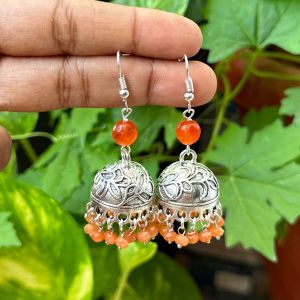 German Silver (Leaf) Jhumkas With Semi Precious Beads, Orange