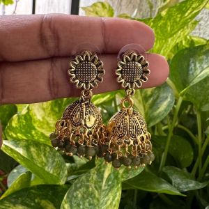 Oxidised Gold Jhumkas With Flower Stud