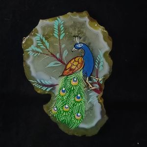 Peacock Pendant, Multicolor, Hand Painted On Onyx Stone