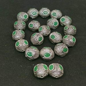 Victorian Beads, Antique Silver, (Ball) Shape, Green