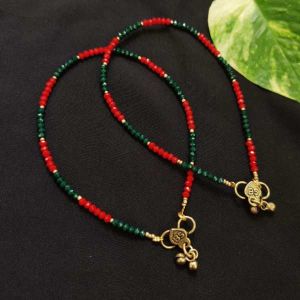 Crystal Beaded Anklets, (Antique Gold), Red And Green