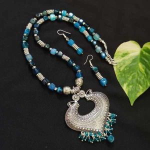 Onyx Stone Necklace With Oxidised Silver (Heart) Pendant, Peacock Blue