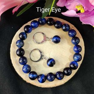 Natural Gemstone (Tiger Eye) Bracelet + Earrings, Blue