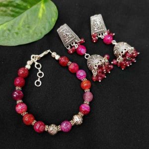 Onyx Stone Bracelet + Matching Jhumkas, Dark Pink