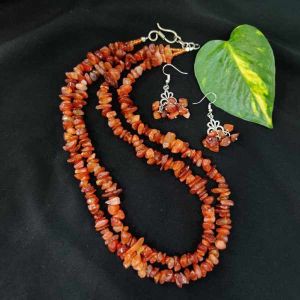 2 Layer Gemstone Chip (Red Carnelian) Necklace With Earrings