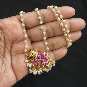 Jadau Elephant With Pearl Chains, Ruby Pink