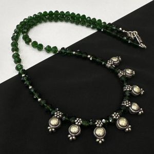 Black Crystal Necklace With Kohlapuri Charms, Dark Green