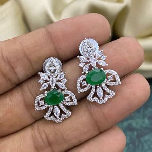 Cz Stone Silver Finish Earrings, Green