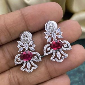 Cz Stone Silver Finish Earrings, Ruby Red