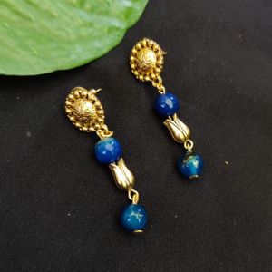 Blue Agate Earrings With Tulips Beads 