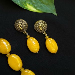 Flat Oval Agate Earrings With Gold Stud, Yellow