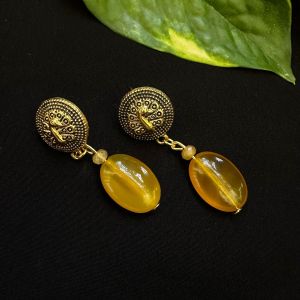 Flat Oval Agate Earrings With Gold Stud, Brownish Yellow
