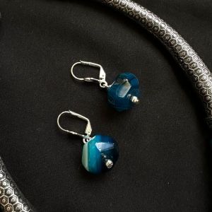 Agate Rondelle Earrings, Peacock Blue