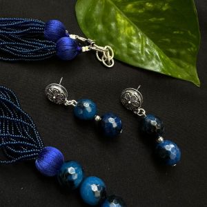 Onyx Beads Earrings With Flower Stud, Dark Blue