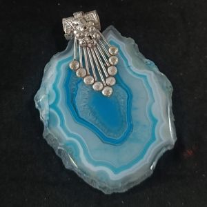 Natural Agate Slice Pendant, Light Sky Blue, Silver Finish