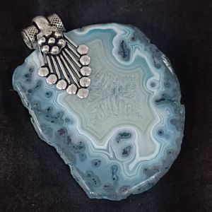 Natural Agate Slice Pendant, Light Bluish Grey, Silver Finish