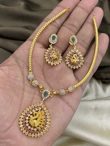 Matt Gold Peacock Necklace With Cz Stone Balls