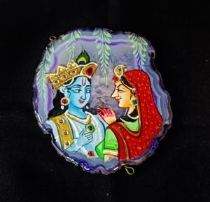 Radha Krishna Pendant, Multicolor, Hand Painted On Onyx Stone