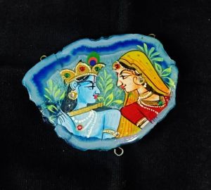 Radha Krishna Pendant, Multicolor, Hand Painted On Onyx Stone