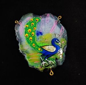 Peacock Pendant, Multicolor, Hand Painted On Onyx Stone