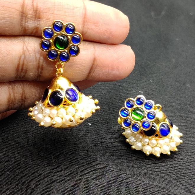 Pakistani Indian Punjabi Gold Polki Navy Blue Jhumki Earrings Dilkash Bell  Jewelry Chandbali Jhumkis Jhumkas Waali Baali Bollywood Kundan - Etsy