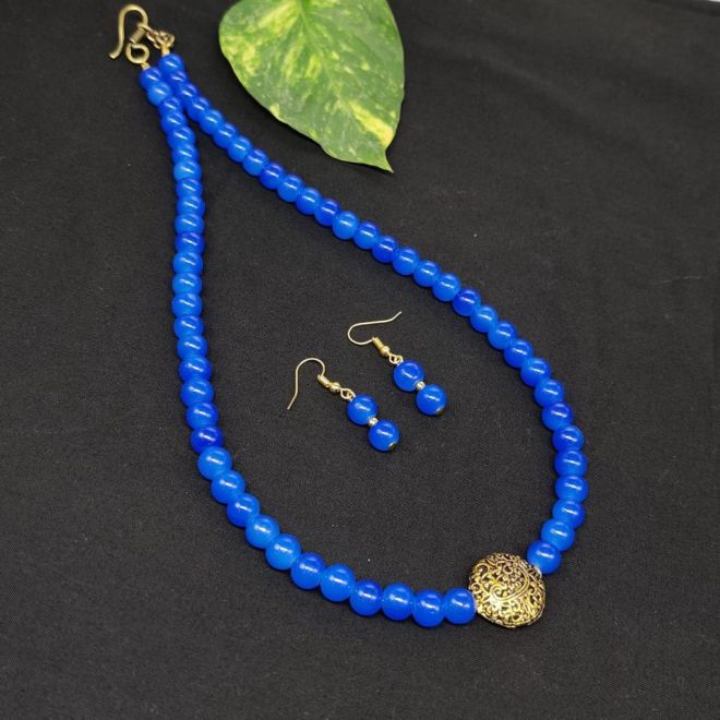 Enameled Elegance Silver Oxidized Blue Necklace Set  VOYLLA